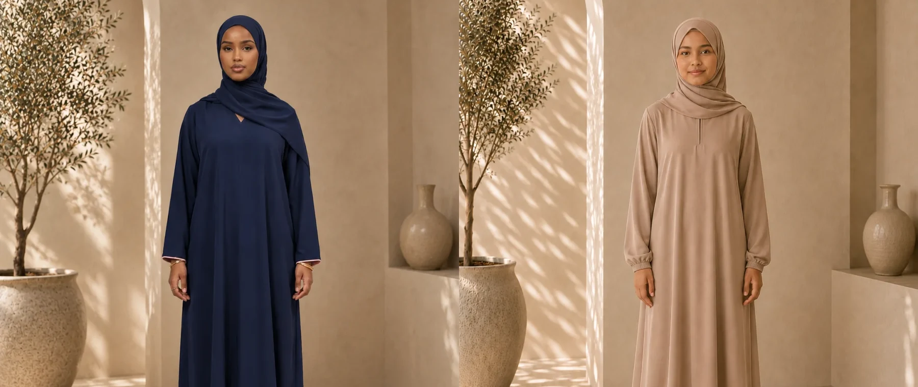 Premium donkerblauwe abaya links en klassieke donkerbeige abaya rechts
